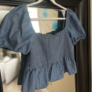 J. Crew Re-Imagined Cropped‎ Denim Smocked Milk Maid Puff Sleeve Top Size XL